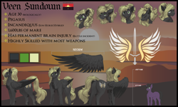 Size: 5000x3000 | Tagged: safe, artist:nsilverdraws, artist:veen, imported from derpibooru, oc, oc only, oc:astral moonsyde, oc:veen sundown, horse, pegasus, pony, unicorn, abstract, abstract background, backstory, backstory in description, bio in description, blackletter, blonde, chest fluff, cute, cutie mark, dork, duo, ear piercing, expressions, female, flag, fluffy, happy, high res, jewelry, laughing, leg fluff, male, mare, mountain, mountain range, name, pegasus oc, piercing, ponytail, reference sheet, simple background, size comparison, size difference, smug, solo, spread wings, stallion, standing, startled, sundown clan, sunset, surprised, sword, tail piercing, text, tired, weapon, wing piercing, wings