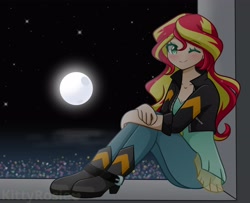 Size: 4096x3333 | Tagged: safe, artist:kittyrosie, imported from derpibooru, sunset shimmer, equestria girls, blushing, breasts, cleavage, cute, female, full moon, high res, human coloration, looking at you, moon, night, one eye closed, shimmerbetes, smiling, solo, wink