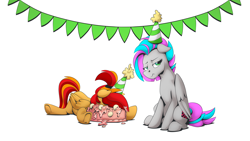 Size: 2560x1440 | Tagged: source needed, safe, artist:mysticalpha, imported from derpibooru, oc, oc only, oc:primepeak, oc:vapourwave, pegasus, pony, cake, food, hat, party hat, simple background, white background