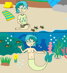 Size: 1659x1812 | Tagged: safe, artist:ocean lover, imported from derpibooru, sandbar, human, merboy, mermaid, merman, turtle, beach, belly button, boulder, bubble, cliff, clothes, coral, flower, human coloration, humanized, male, mermaidized, mermanized, rock, sea turtle, seaweed, shirt, shorts, species swap, swimming, t-shirt, tail, teenager, towel, underwater
