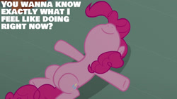 Size: 1280x720 | Tagged: safe, edit, edited screencap, editor:quoterific, imported from derpibooru, screencap, pinkie pie, earth pony, pony, season 3, too many pinkie pies, belly, female, lying down, mare, nose in the air, smiling, solo, sugarcube corner