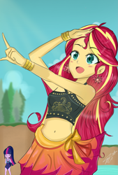 Size: 1181x1748 | Tagged: safe, artist:namieart, imported from derpibooru, sci-twi, sunset shimmer, twilight sparkle, equestria girls, equestria girls series, bare shoulders, belly button, bikini, bra, clothes, duo, duo female, female, pointing, sarong, sleeveless, solo focus, summer, swimsuit, underwear