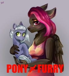 Size: 1000x1100 | Tagged: safe, artist:ske, imported from derpibooru, limestone pie, oc, anthro, earth pony, pony, breasts, duo, female, furry, furry oc, holding a pony, wings