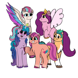 Size: 4096x4096 | Tagged: safe, artist:birbnerd17, imported from derpibooru, hitch trailblazer, izzy moonbow, pipp petals, sunny starscout, zipp storm, earth pony, pegasus, pony, unicorn, absurd resolution, ball, blaze (coat marking), chest fluff, coat markings, colored wings, ear fluff, facial markings, female, flying, g5, hoof fluff, horn, horn guard, horn impalement, hornball, izzy's tennis ball, looking at each other, male, mane five (g5), mare, multicolored wings, open mouth, pale belly, raised hoof, simple background, smiling, socks (coat markings), stallion, tennis ball, transparent background, unshorn fetlocks, wings