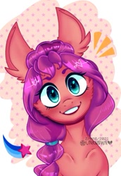 Size: 389x567 | Tagged: safe, artist:theunknownlem0n, imported from derpibooru, sunny starscout, earth pony, pony, abstract background, blushing, braid, cheek fluff, cute, ear fluff, female, g5, heart, looking at you, lowres, mare, smiling, solo, stars, sunnybetes