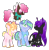 Size: 1434x1468 | Tagged: safe, artist:lilywolfpie, artist:lilywolfpie-yt, imported from derpibooru, oc, oc only, changeling, earth pony, pegasus, pony, unicorn, female, mare, purple changeling, simple background, transparent background