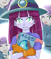 Size: 1280x1480 | Tagged: safe, alternate version, artist:batipin, imported from derpibooru, kimberlite, maud pie, oc, equestria girls, book, breasts, clothes, duo, female, freckles, gloves, one eye closed, open mouth, solo focus