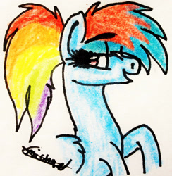 Size: 1993x2038 | Tagged: safe, artist:beamybutt, imported from derpibooru, rainbow dash, pegasus, pony, bedroom eyes, bust, eyelashes, female, mare, smiling, traditional art, wings