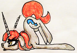 Size: 1959x1357 | Tagged: safe, artist:beamybutt, imported from derpibooru, oc, oc only, pony, unicorn, eyelashes, face down ass up, female, horn, mare, solo, traditional art, unicorn oc