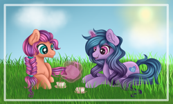 Size: 2000x1200 | Tagged: safe, artist:indignite, artist:mlp-melodymark, imported from derpibooru, izzy moonbow, sunny starscout, earth pony, pony, unicorn, braid, cloud, cup, drink, duo, ear fluff, female, g5, grass, magic, mare, open mouth, plate, pouring, sky, smiling, teapot, telekinesis