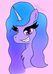 Size: 720x1003 | Tagged: safe, artist:bluetifulyt, imported from derpibooru, izzy moonbow, pony, unicorn, bust, chest fluff, eyelashes, female, g5, gradient background, grin, looking at you, mare, portrait, signature, smiling, solo, teeth