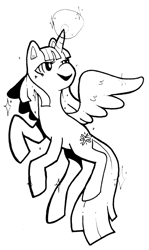 Size: 483x810 | Tagged: safe, artist:aa-ko-sama, imported from derpibooru, twilight sparkle, alicorn, pony, female, flying, glowing horn, horn, lineart, looking back, mare, monochrome, simple background, solo, twilight sparkle (alicorn), white background, wings