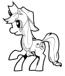 Size: 1256x1468 | Tagged: safe, artist:aa-ko-sama, imported from derpibooru, applejack, earth pony, pony, eyelashes, freckles, hat, lineart, monochrome, raised tail, simple background, smiling, solo, tail, white background