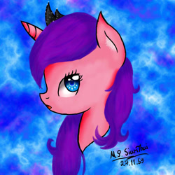 Size: 900x900 | Tagged: safe, artist:mudmee-thai, imported from derpibooru, oc, oc only, oc:lullaby, pony, unicorn, abstract background, eyelashes, horn, jewelry, signature, solo, tiara, unicorn oc