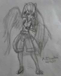 Size: 1412x1746 | Tagged: safe, artist:mudmee-thai, imported from derpibooru, oc, oc only, human, clothes, female, humanized, lineart, shorts, signature, sketch, smiling, solo, traditional art, winged humanization, wings