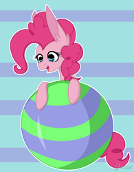 Size: 2574x3300 | Tagged: safe, artist:julia-dyrak, imported from derpibooru, pinkie pie, earth pony, pony, abstract background, ball, cute, diapinkes, ear fluff, female, high res, mare, open mouth, signature, solo