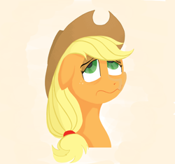 Size: 2400x2250 | Tagged: safe, anonymous artist, imported from derpibooru, applejack, earth pony, pony, applejack's hat, bags under eyes, bust, cowboy hat, exhausted, eyebrows, eyeroll, face, female, floppy ears, freckles, frown, hat, high res, mare, simple background, solo, tired, wavy mouth