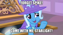 Size: 800x450 | Tagged: safe, edit, edited screencap, imported from derpibooru, screencap, trixie, pony, unicorn, season 9, the ending of the end, spoiler:s09, cape, caption, clothes, female, hat, image macro, implied lesbian, implied shipping, implied sparlight, implied spike, implied starlight glimmer, implied startrix, open mouth, solo, text, trixie's cape, trixie's hat