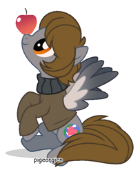 Size: 653x804 | Tagged: safe, artist:pigeorgien, imported from derpibooru, oc, oc only, oc:georgia livian, pegasus, pony, apple, base used, clothes, cute, female, food, mare, show accurate, solo, spread wings, sweater, wings