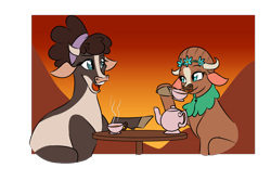 Size: 1800x1200 | Tagged: safe, artist:redahfuhrerking, imported from derpibooru, minnesota (tfh), oc, oc:madison, cow, them's fightin' herds, community related, cup, duo, female, madison (tfh), teacup, teapot
