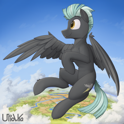 Size: 2000x2000 | Tagged: safe, artist:uliovka, imported from derpibooru, thunderlane, pegasus, pony, cloud, flying, high res, male, stallion