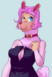 Size: 2004x2988 | Tagged: safe, artist:beth, imported from derpibooru, oc, oc only, oc:beth, alpaca, anthro, anthro oc, breasts, cleavage, collar, heterochromia, high res, simple background, solo, zipper