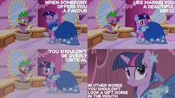 Size: 1280x720 | Tagged: safe, edit, edited screencap, editor:quoterific, imported from derpibooru, screencap, spike, twilight sparkle, dragon, pony, unicorn, season 1, suited for success, carousel boutique, clothes, cute, dress, eyes closed, female, lidded eyes, male, mare, mirror, smiling, stallion, twiabetes, unicorn twilight