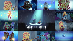Size: 1280x721 | Tagged: safe, edit, edited screencap, editor:quoterific, imported from derpibooru, screencap, bon bon, lyra heartstrings, sunset shimmer, sweetie drops, wallflower blush, equestria girls, equestria girls series, let it rain, spoiler:eqg series (season 2), clothes, cutie mark, cutie mark on clothes, eyes closed, geode of empathy, guitar, lighting, magical geodes, microphone, microphone stand, music festival outfit, musical instrument, open mouth, rain, singing