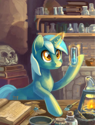 Size: 1070x1400 | Tagged: safe, artist:maytee, imported from derpibooru, lyra heartstrings, pony, unicorn, alchemy, book, fire, flask, jar, looking up, magic, magic aura, skull, smiling, solo, telekinesis