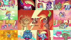 Size: 1978x1113 | Tagged: safe, edit, edited screencap, editor:quoterific, imported from derpibooru, screencap, applejack, dishwater slog, fluttershy, pinkie pie, rainbow dash, rarity, smallfry, twilight sparkle, alicorn, earth pony, pegasus, pony, unicorn, my little pony: pony life, the best of the worst, spoiler:pony life s01e02, angry, colt, crying, female, fire, g4.5, group hug, hug, male, mane of fire, mane six, mare, pony life, ragebow dash, stallion, tears of joy, title card, twilight sparkle (alicorn)