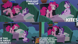 Size: 1280x720 | Tagged: safe, edit, edited screencap, editor:quoterific, imported from derpibooru, screencap, pinkie pie, starlight glimmer, earth pony, pony, unicorn, rock solid friendship, season 7, bed, blanket, duo, duo female, eyes closed, female, in air, mare, open mouth, pillow, raised hoof, sitting, smiling, surprised, yelling