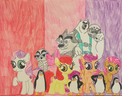 Size: 1280x1015 | Tagged: safe, artist:justinvaldecanas, imported from derpibooru, apple bloom, babs seed, scootaloo, sweetie belle, bear, bird, earth pony, owl, pegasus, penguin, polar bear, pony, seal, unicorn, wolf, classified, classified (penguins of madagascar), corporal, corporal (penguins of madagascar), crossover, cutie mark crusaders, dreamworks, eurasian wolf, eva, eva (penguins of madagascar), harp seal, kowalski, madagascar (dreamworks), penguins of madagascar, private, private (madagascar), rico, short fuse (penguins of madagascar), short fuse (pom), skipper, snowy owl, the penguins of madagascar, wholesome