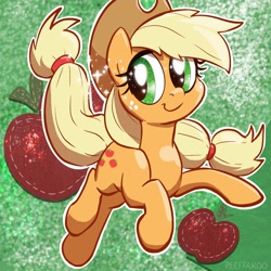 Size: 2048x2048 | Tagged: safe, artist:pfeffaroo, imported from derpibooru, part of a set, applejack, earth pony, pony, cute, cutie mark background, female, glitter, high res, jackabetes, jumping, looking sideways, mare, outline, smiling, solo, sparkles, three quarter view, white outline