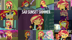 Size: 1280x721 | Tagged: safe, edit, edited screencap, editor:quoterific, imported from derpibooru, screencap, fluttershy, sunset shimmer, twilight sparkle, driving miss shimmer, equestria girls, equestria girls (movie), equestria girls series, forgotten friendship, friendship games, rainbow rocks, sunset's backstage pass!, spoiler:eqg series (season 2), chalkboard, clothes, crying, cute, cutie mark, cutie mark on clothes, eyes closed, female, food, geode of empathy, geode of fauna, hairpin, jacket, jewelry, leather, leather jacket, lip bite, lockers, looking at you, magical geodes, music festival outfit, necklace, offscreen character, open mouth, refrigerator, sad, sadorable, sunsad shimmer, teary eyes, whipped cream