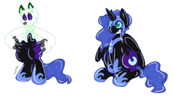 Size: 1280x711 | Tagged: safe, artist:dragonwhiskerss, imported from derpibooru, nightmare moon, oc, alicorn, latex pony, original species, pony, rubber pony, armor, commission, decal, ethereal mane, female, folded wings, forced smile, furry, furry oc, grin, hoof shoes, latex, male, mare, no pupils, rubber, shiny, simple background, sitting, smiling, solo, starry mane, transformation, transformation sequence, transgender transformation, white background, wings, ych result