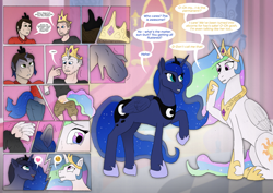 Size: 2937x2074 | Tagged: safe, artist:axiomtf, artist:tf-plaza, imported from derpibooru, princess celestia, princess luna, oc, oc:axiom, alicorn, human, pony, clothes, comic, crown, duo, emoji, ethereal mane, heart, high res, human oc, human to pony, jewelry, loose fitting clothes, male to female, oversized clothes, regalia, rule 63, transformation, transgender transformation