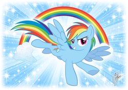 Size: 1181x827 | Tagged: safe, artist:marco albiero, artist:marcoalbiero, imported from derpibooru, rainbow dash, pegasus, pony, backwards cutie mark, blue background, cloud, female, flying, glitter, head turn, looking right, mare, rainbow, show accurate, signature, simple background, smiling, solo, sparkles, spread wings, turned head, wings