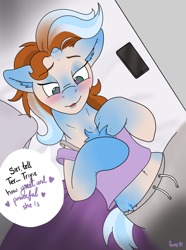 Size: 2409x3238 | Tagged: safe, artist:foxxy-arts, imported from derpibooru, trixie, oc, human, pony, unicorn, bed, blushing, chest fluff, clothes, cutie mark, dialogue, ear fluff, eye color change, eyebrows, eyebrows visible through hair, eyeshadow, female, floppy ears, high res, human oc, human to pony, laying on bed, lidded eyes, lying down, lying on bed, makeup, mare, on back, on bed, phone, pillow, signature, siri, solo, transformation
