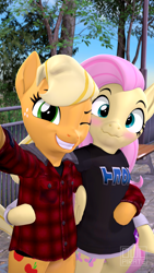 Size: 2160x3840 | Tagged: safe, artist:owlpirate, imported from derpibooru, applejack, fluttershy, earth pony, pegasus, pony, semi-anthro, 3d, appleshy, bipedal, blushing, clothes, duo, duo female, female, grin, high res, lesbian, one eye closed, selfie, shipping, smiling