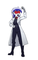 Size: 3152x4920 | Tagged: safe, artist:carnifex, imported from derpibooru, minuette, equestria girls, boots, clothes, cosplay, costume, equestria girls-ified, glasses, helltaker, lab coat, loremaster (helltaker), necktie, robotic arm, shoes, solo, vest