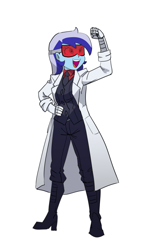 Size: 3152x4920 | Tagged: safe, alternate version, artist:carnifex, imported from derpibooru, minuette, equestria girls, boots, clothes, equestria girls-ified, glasses, helltaker, lab coat, loremaster (helltaker), necktie, robotic arm, shoes, solo, vest