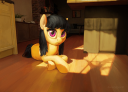 Size: 2291x1642 | Tagged: safe, artist:cannibalus, imported from derpibooru, oc, oc only, oc:gregoria samson, earth pony, pony, commission, crossed legs, earth pony oc, eye shimmer, fanfic art, female, interior, looking at you, lying down, mare, prone, solo