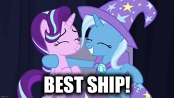 Size: 1280x720 | Tagged: safe, edit, edited screencap, imported from derpibooru, screencap, starlight glimmer, trixie, pony, unicorn, road to friendship, best ship, bipedal, brooch, cape, caption, clothes, duo, duo female, eyes closed, female, grin, gritted teeth, hat, image macro, imgflip, jewelry, lesbian, mare, shipping, smiling, startrix, teeth, text, trixie's brooch, trixie's cape, trixie's hat