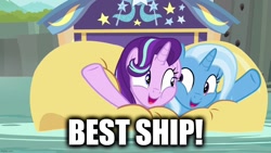 Size: 1280x720 | Tagged: safe, edit, edited screencap, imported from derpibooru, screencap, starlight glimmer, trixie, pony, unicorn, road to friendship, season 8, spoiler:s08, best ship, caption, cheek squish, cute, diatrixes, female, glimmerbetes, i guess we're stuck together, image macro, imgflip, inflatable raft, lesbian, lying down, open mouth, prone, raft, raised hoof, shipping, squished, squishy cheeks, startrix, text, we're friendship bound