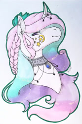 Size: 1920x2891 | Tagged: safe, artist:oneiria-fylakas, imported from derpibooru, oc, oc only, oc:elena nebula naqua, pony, unicorn, bust, choker, female, mare, portrait, simple background, solo, traditional art, transparent background