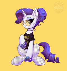 Size: 2841x3000 | Tagged: safe, artist:confetticakez, imported from derpibooru, rarity, pony, unicorn, alternate hairstyle, choker, clothes, converse, cute, ear piercing, earring, female, fishnets, hair bun, high res, hoof shoes, jewelry, mare, nirvana, piercing, raribetes, rock (music), shirt, shoes, simple background, sitting, smiling, solo, sunglasses, t-shirt