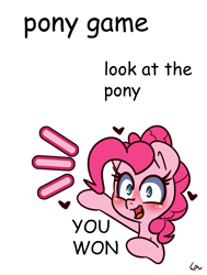 Size: 1100x1457 | Tagged: safe, artist:lou, imported from derpibooru, pinkie pie, earth pony, pony, blue eyes, blushing, bust, comic sans, cute, diapinkes, featured image, female, game, heart, looking at you, mare, meme, open mouth, open smile, pink mane, simple background, smiling, smiling at you, solo, text, white background