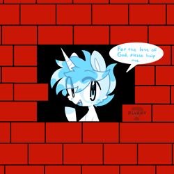 Size: 2619x2619 | Tagged: safe, artist:blurry-kun, imported from derpibooru, oc, oc only, oc:blurry, pony, brick wall, commission, commissioner:reversalmushroom, edgar allan poe, edgar allen poe, funny, high res, immurement, meme, solo, the cask of amontillado, wall, watermark