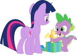 Size: 3563x2538 | Tagged: safe, artist:porygon2z, imported from derpibooru, spike, twilight sparkle, dragon, pony, unicorn, butt, duo, female, happy, high res, male, open mouth, plot, present, simple background, smiling, spikelove, toy, transparent background, twibutt, unicorn twilight, vector