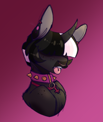 Size: 1821x2160 | Tagged: safe, artist:connorbal, artist:glowfangs, imported from derpibooru, oc, oc only, oc:salem grimoire, pony, unicorn, collar, collar ring, cross, femboy, freckles, gradient background, hair covering face, male, nose piercing, nose ring, open mouth, piercing, pink background, simple background, solo, stallion, tongue out, tongue piercing